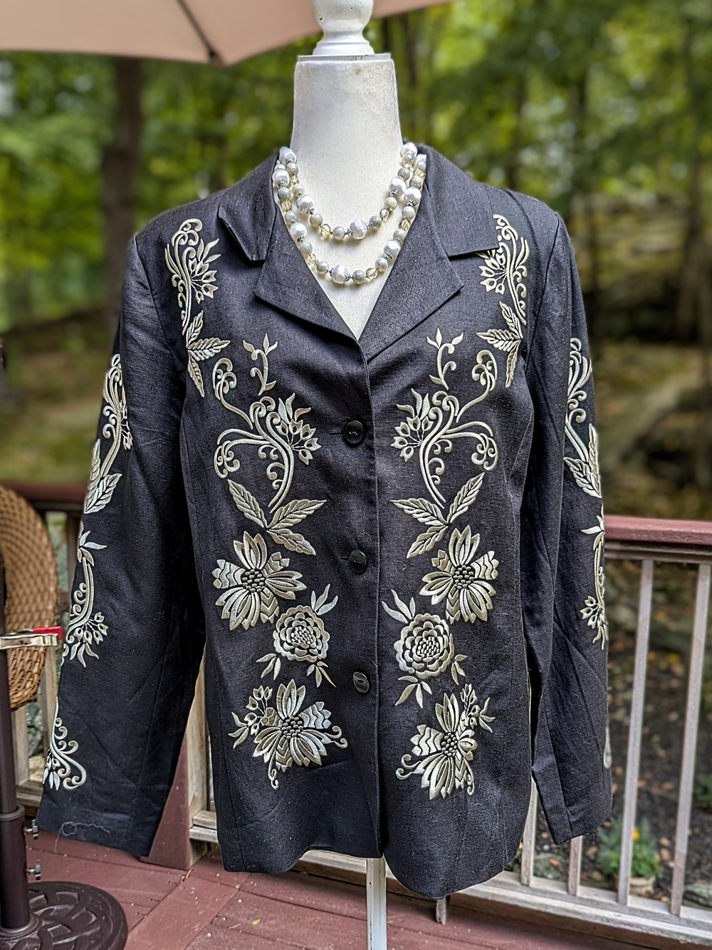 Victor Costa Black Jacket with Cream Floral Embroidery